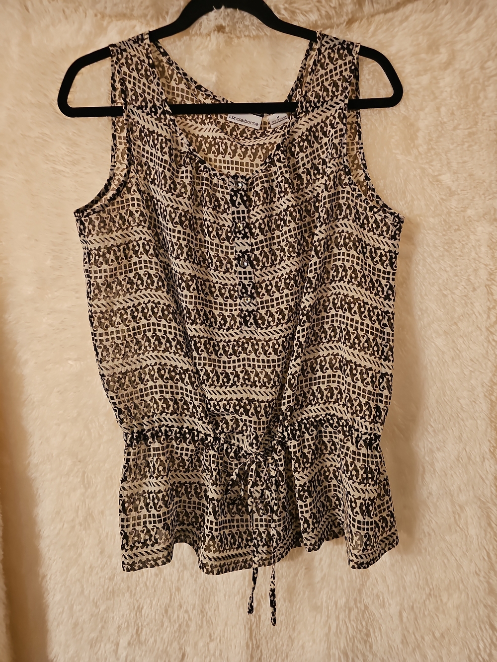 Liz Claiborne Black and Cream Printed Drawstring Tank Top